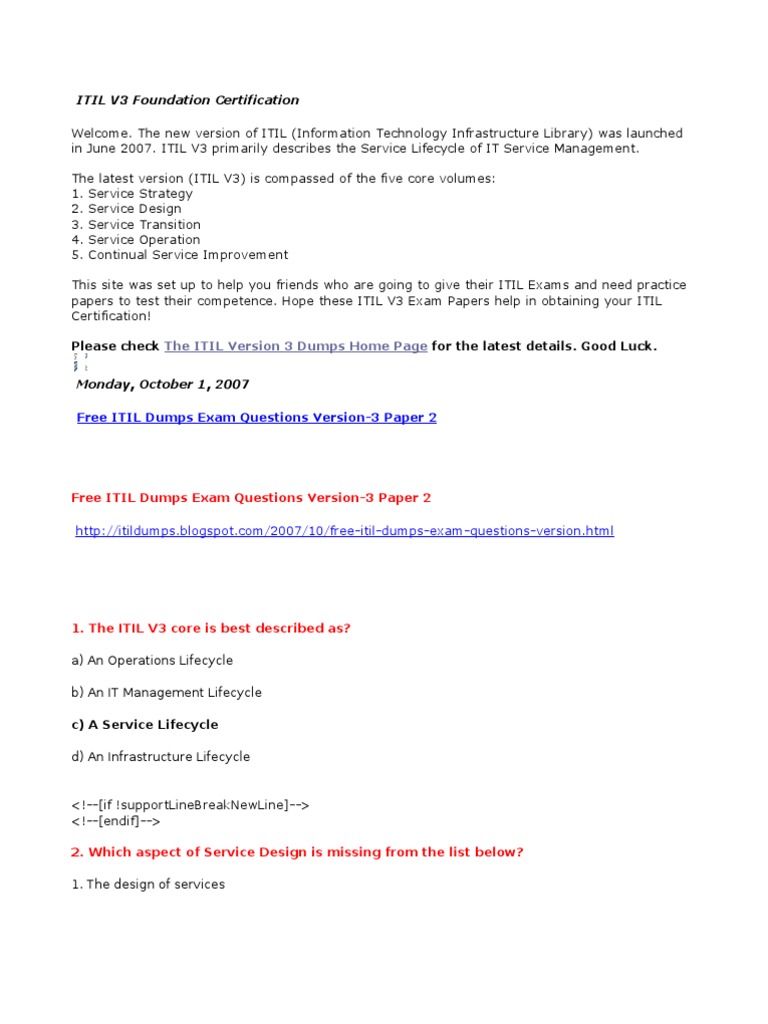 ITIL V3 Exam Practice Questions | PDF | Itil | Outsourcing