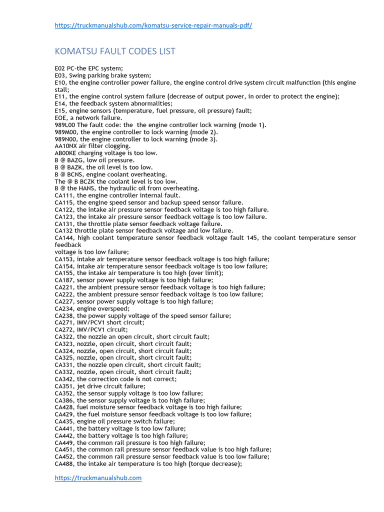 Komatsu Fault Codes List | PDF | Throttle | Power Supply