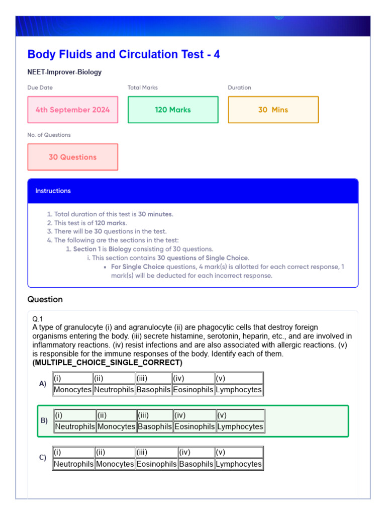Body Fluids and Circulation NEET Test | PDF | Atrium (Heart) | Diastole