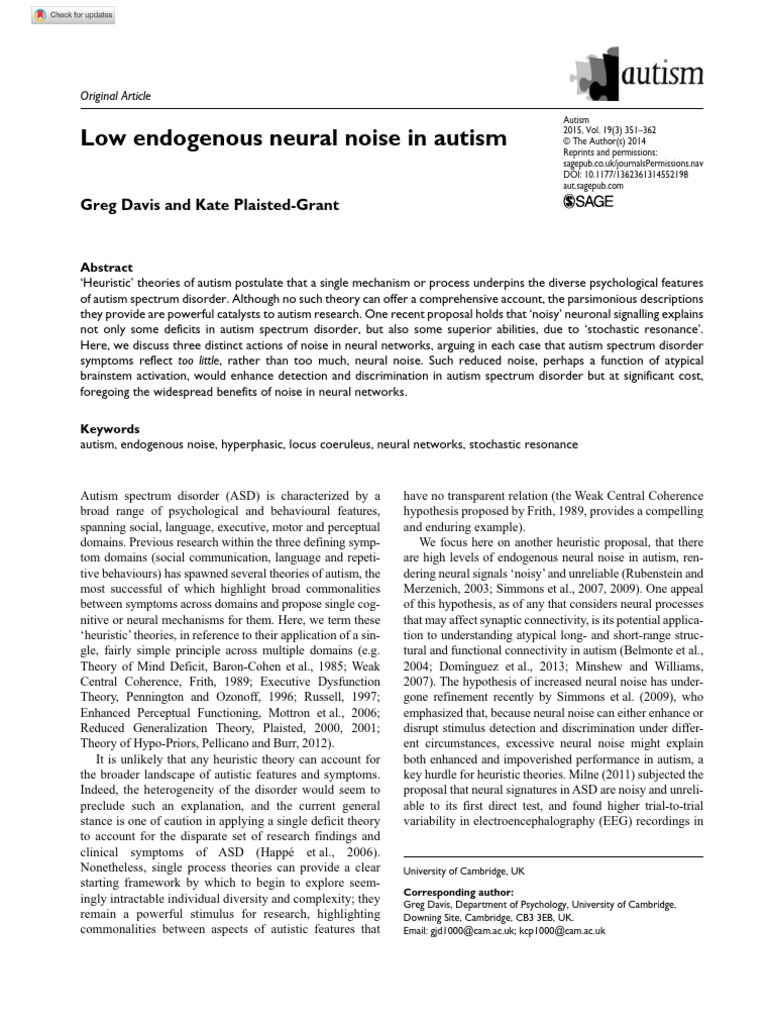 Endogenous Neural Noise in Autism | PDF | Autism | Perception