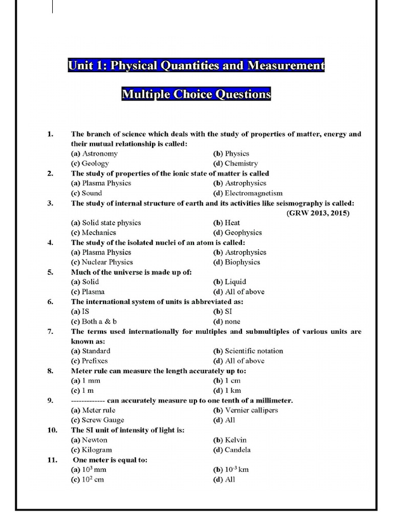 9th Grade Physics MCQs by Sangeen Wali Khan | PDF