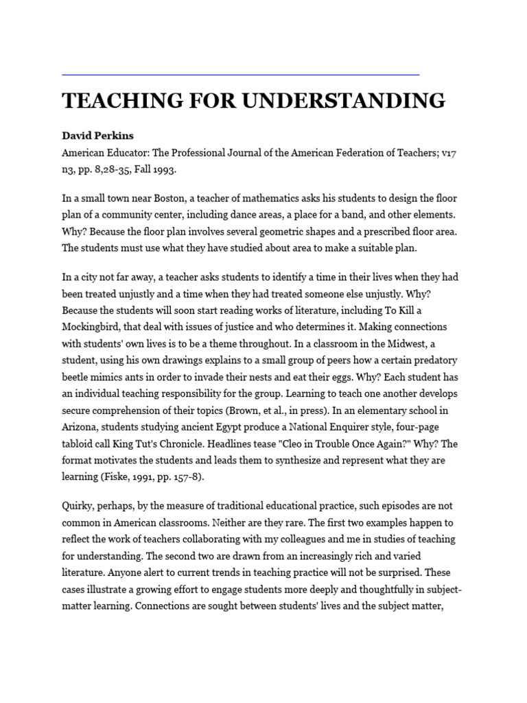 Teaching for Understanding in Education | PDF | Teachers | Knowledge