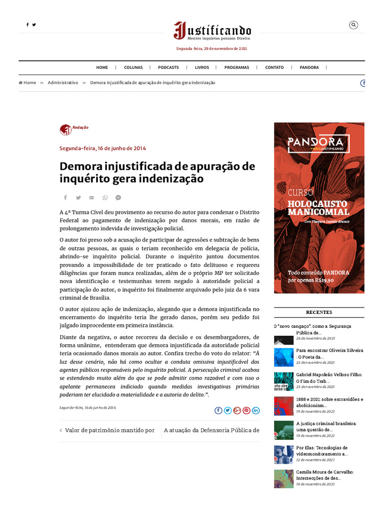 Demora Injustificada de Apuração de Inquérito Gera Indenização ...
