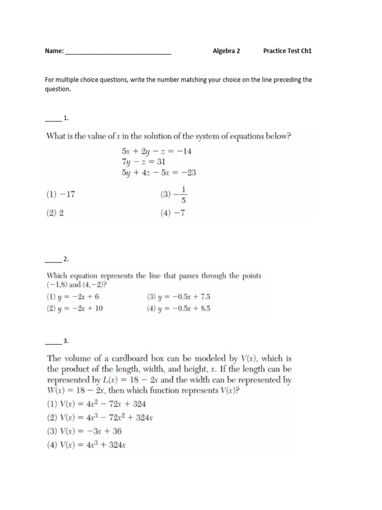 Algebra 2 Chapter 1 Practice Test | PDF