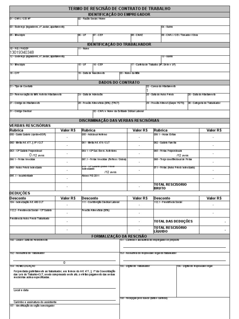 Termo de Rescisão de Contrato de Trabalho | PDF | Férias trabalhistas ...