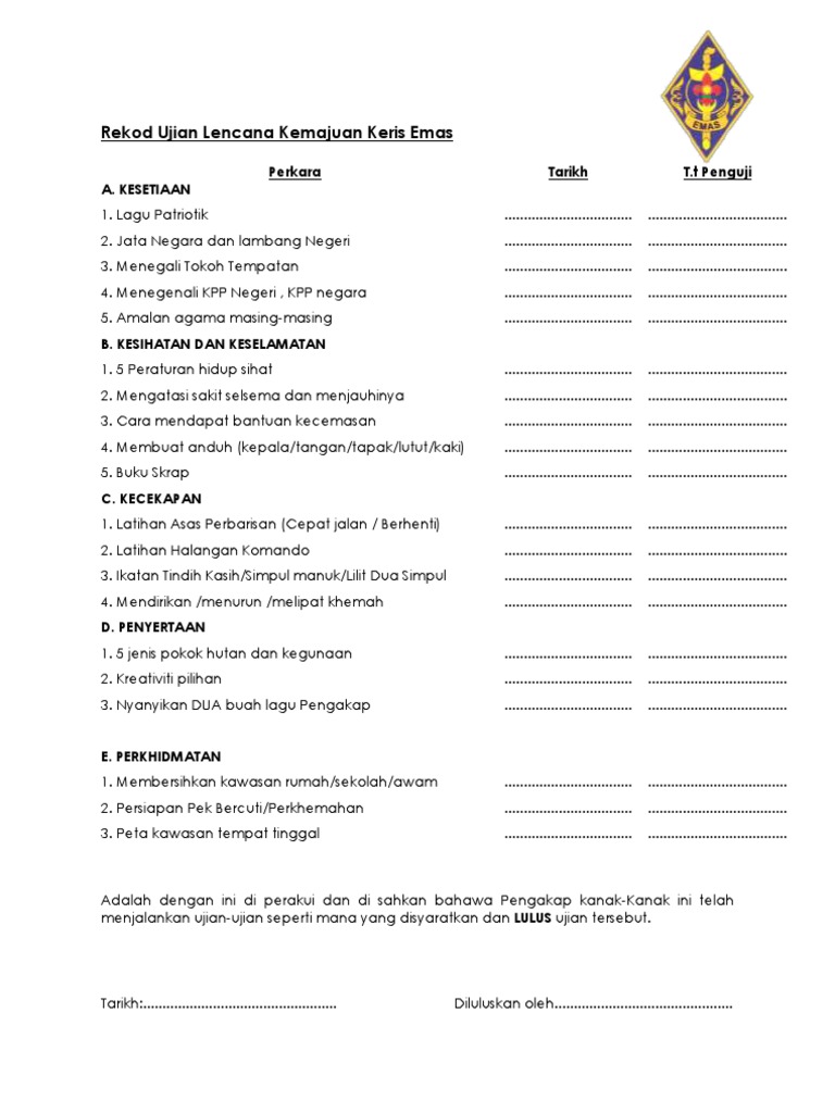 Rekod Ujian Lencana Kemajuan Keris Emas Pdf