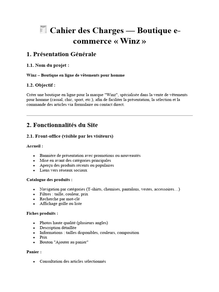 Cahier des Charges Boutique Winz E-commerce | PDF | Commerce ...
