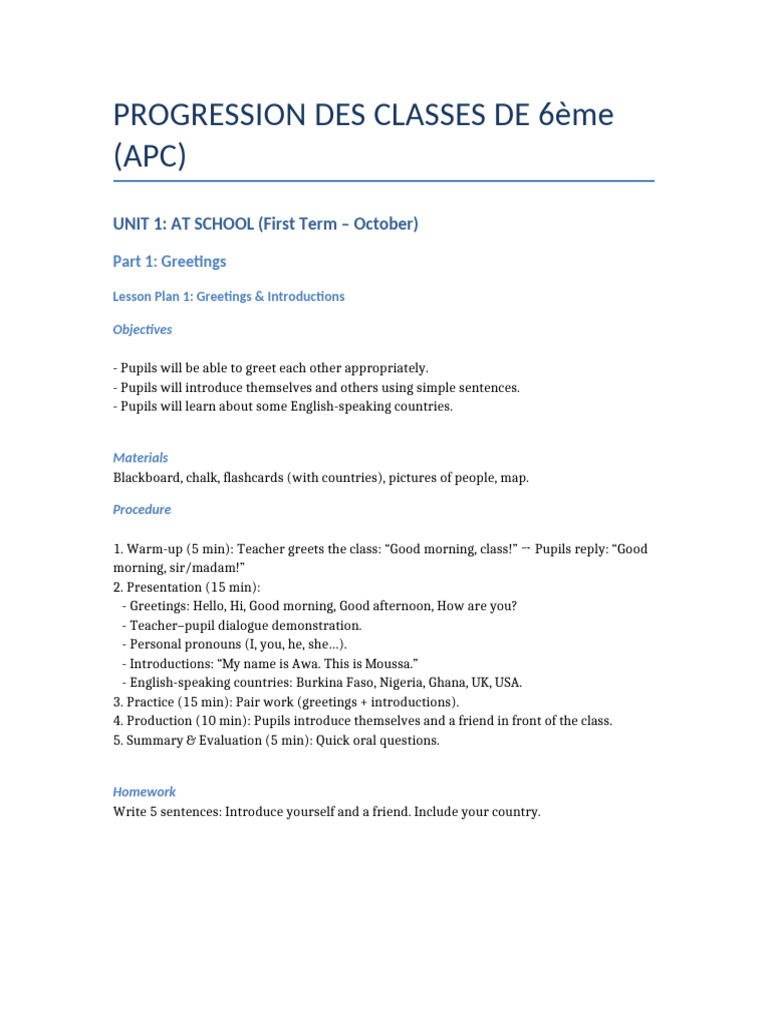 6th Grade English Class Progression Guide | PDF | Lesson Plan | Linguistics