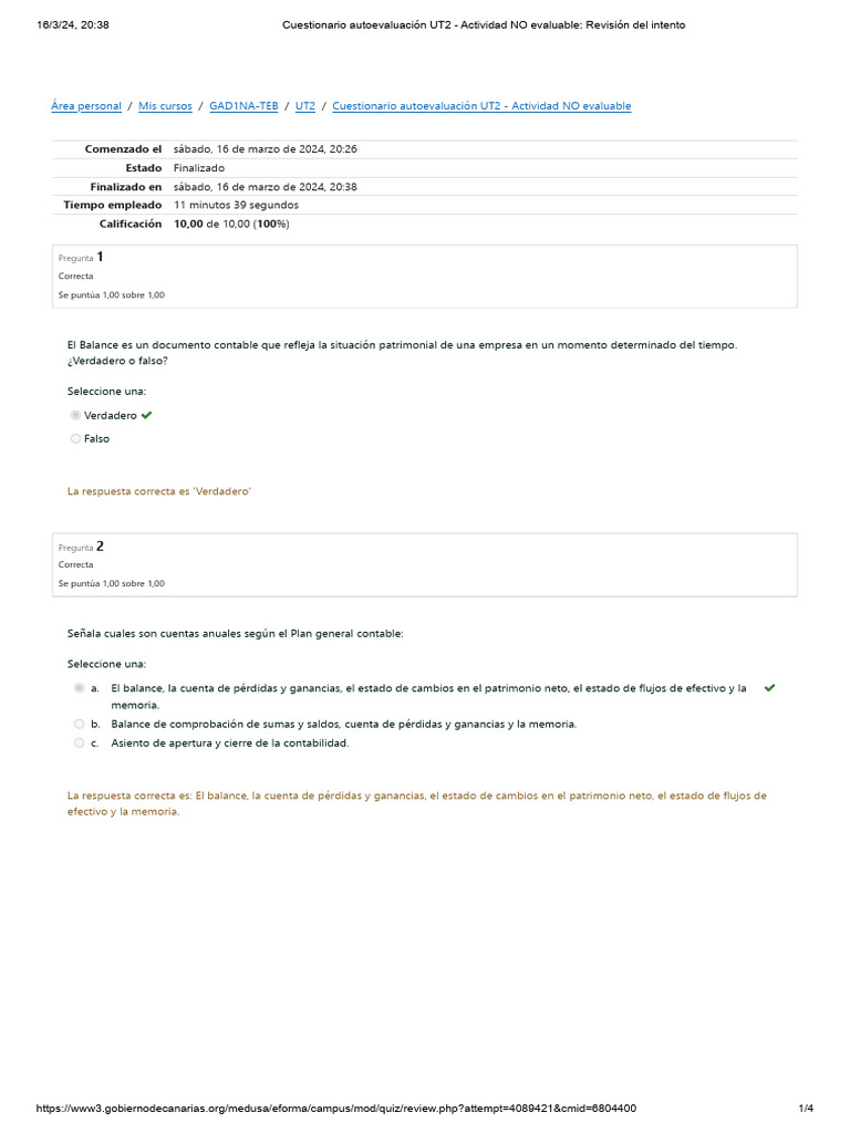 Cuestionario de Autoevaluación UT2 | PDF | Contabilidad | Hoja de balance