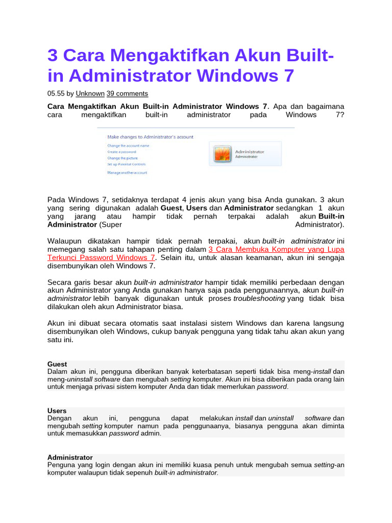 Aktifkan Akun Administrator Windows 7 | PDF