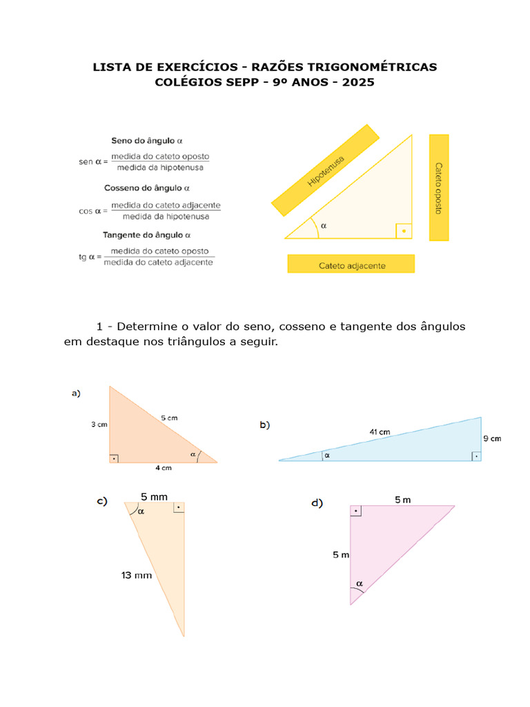 Lista de Exercícios: Razões Trigonométricas | PDF