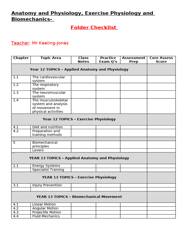 Anatomy, Physiology, and Sports Science Checklist | PDF | Biomechanics ...