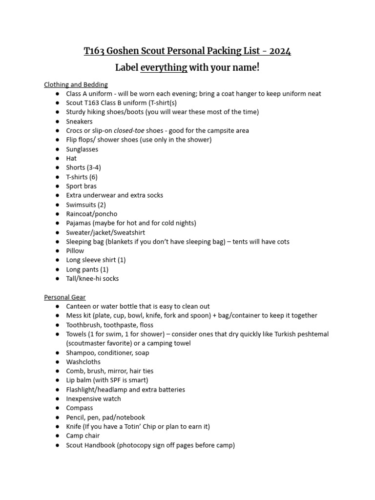 T163 Goshen Scout Personal Packing List 2024 | PDF