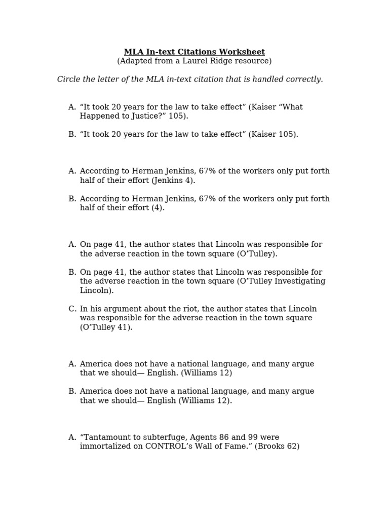 MLA In-text Citations Practice Worksheet | PDF