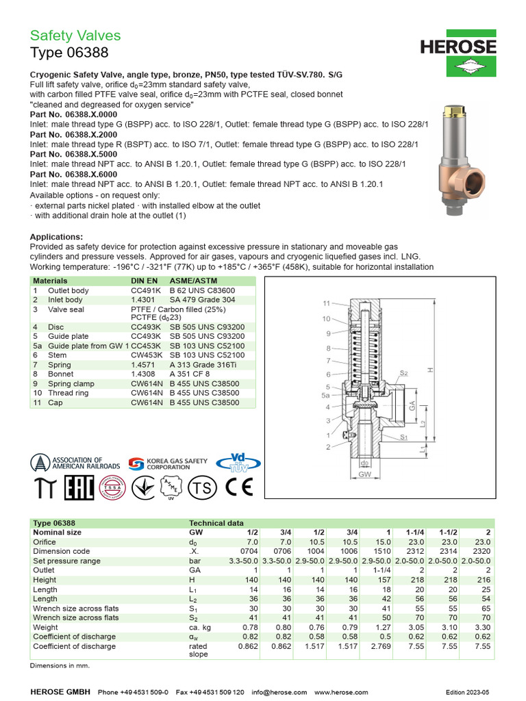 HEROSE Type 06388 Safety Valve Data | PDF | Valve | Gases