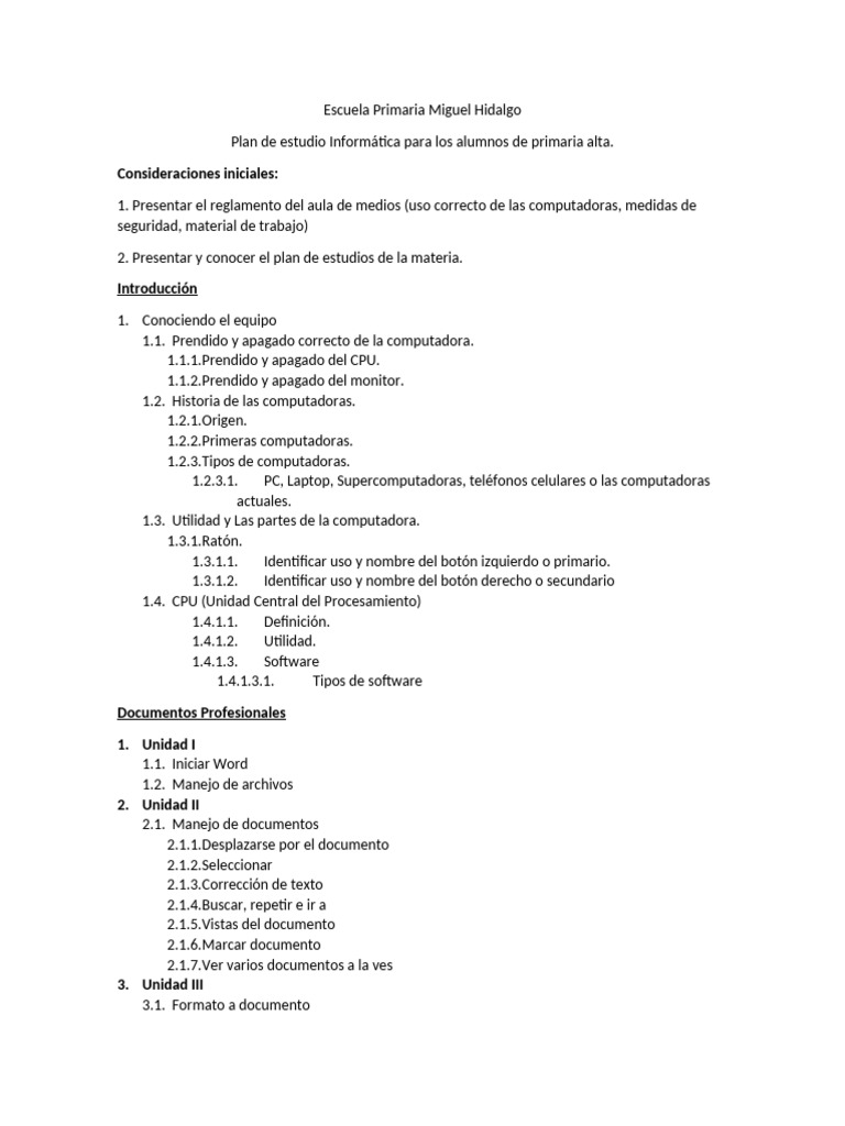 Plan de Estudio de Informática Primaria | PDF | Microsoft Excel ...