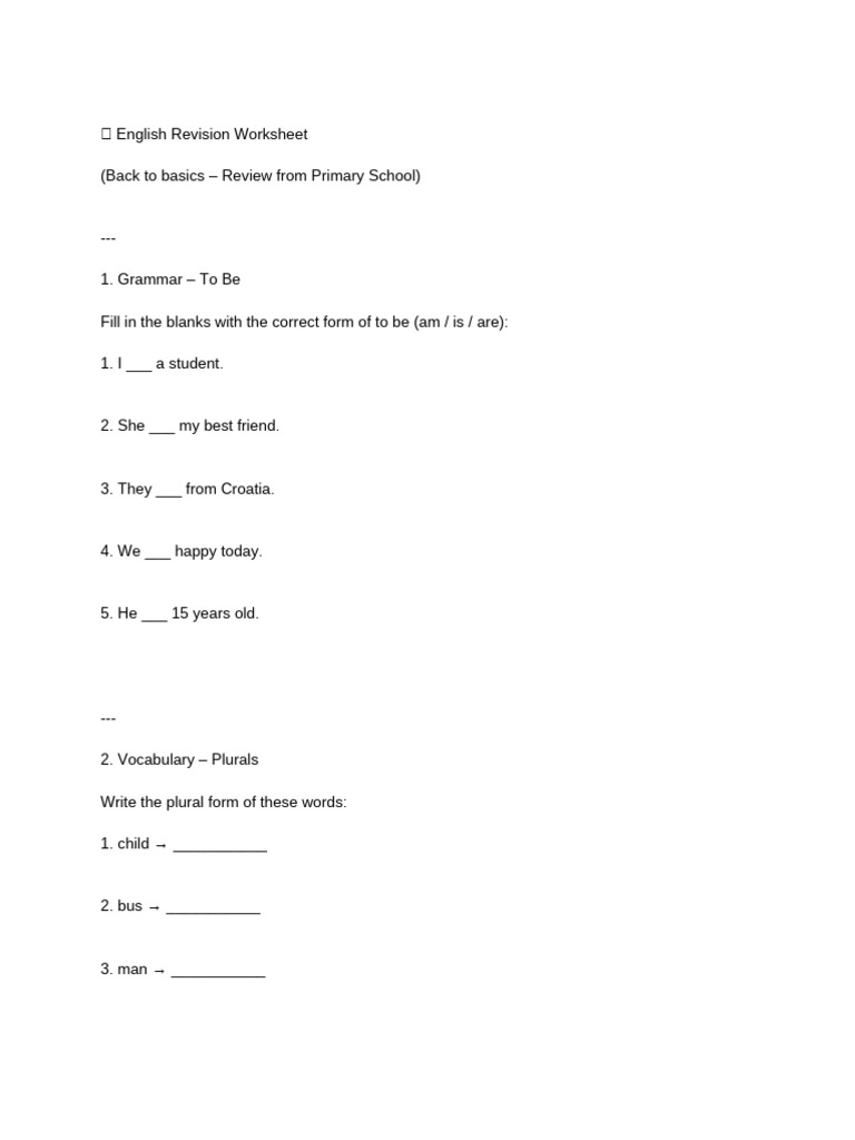 English Revision Worksheet for Beginners | PDF
