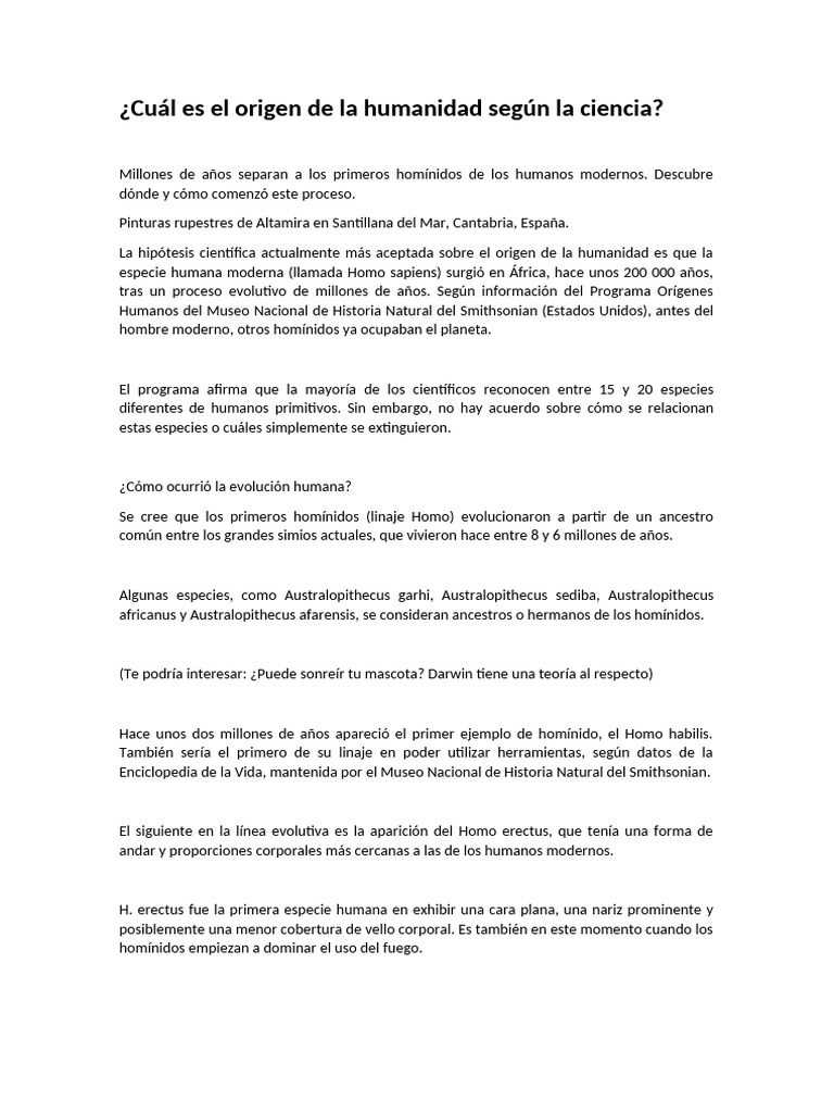 Origen de la humanidad: evolución y migración | PDF | Evolución humana ...