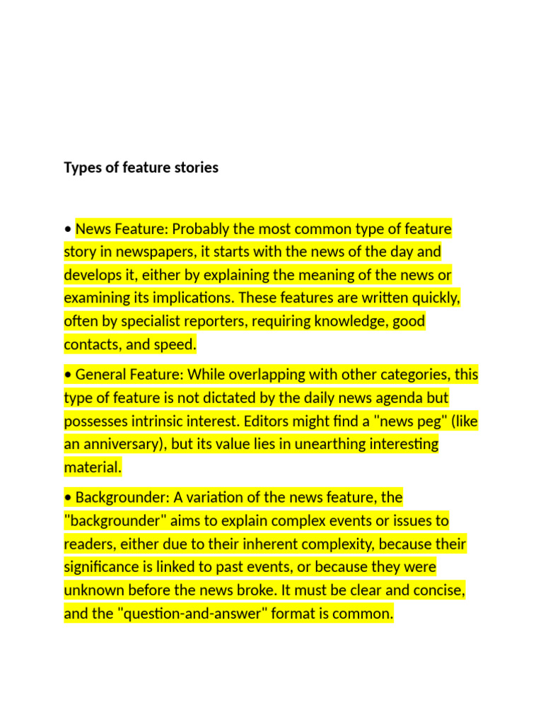 Types of Feature Stories Explained | PDF | News | Cognition