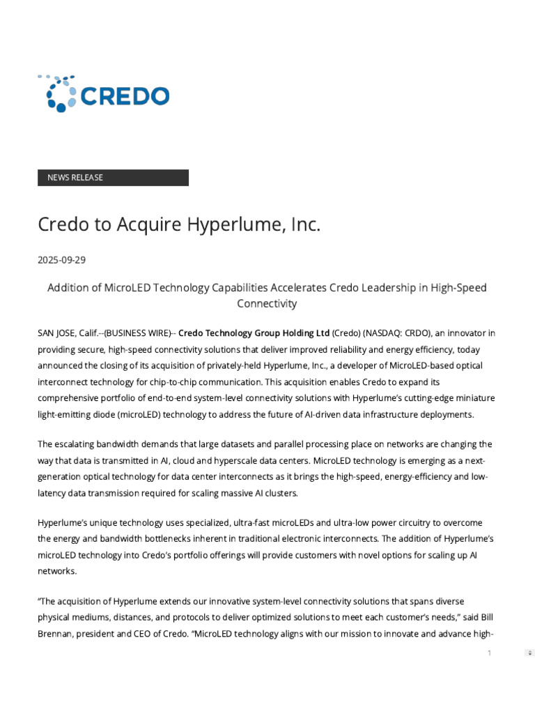 Credo Acquires Hyperlume for AI Connectivity | PDF | Computer Network ...