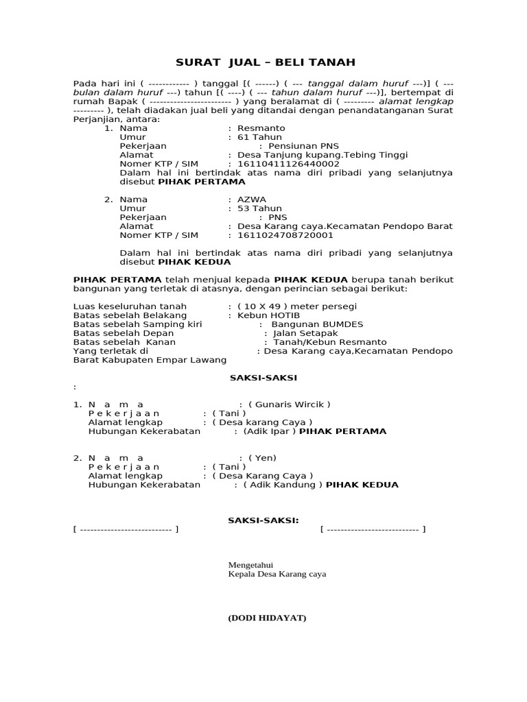 Contoh Surat Perjanjian Jual Beli Tanah Dan Bangunan3 FH UII | PDF