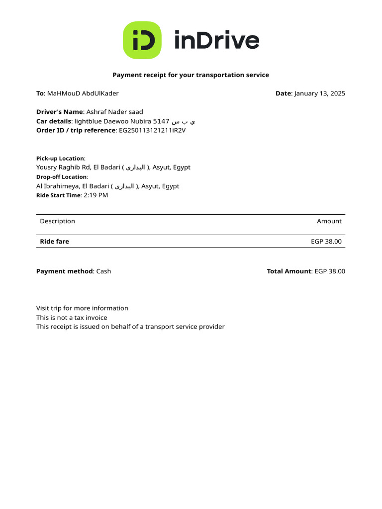 Transportation Service Payment Receipt | PDF