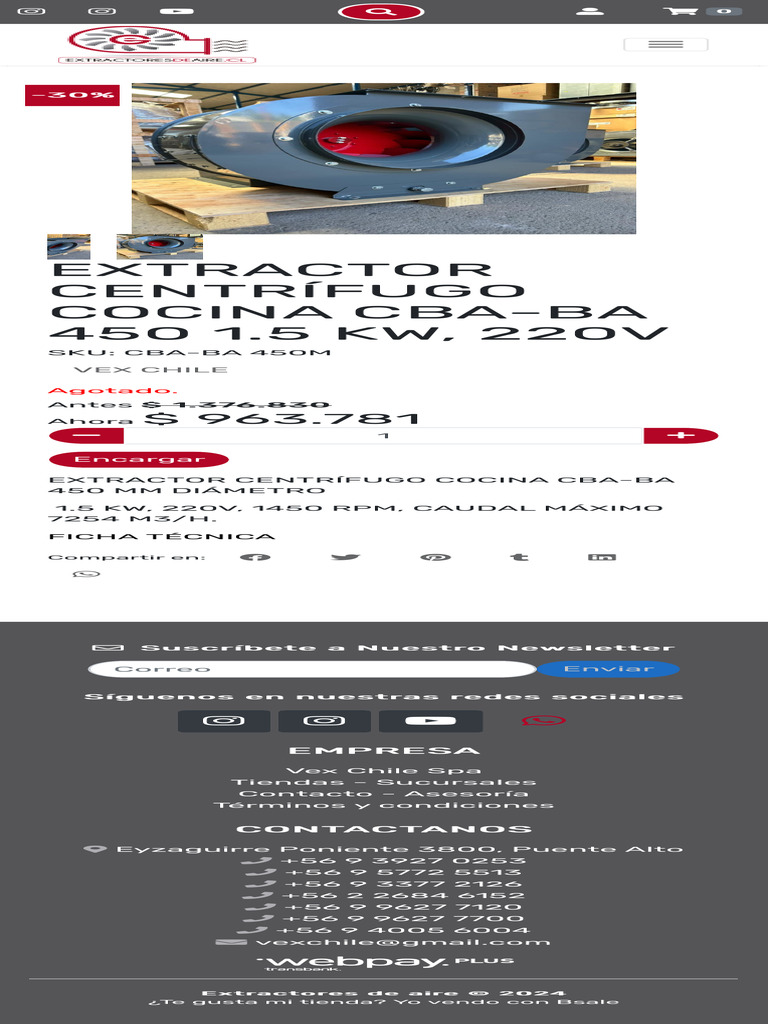 EXTRACTOR CENTRÍFUGO COCINA CBA-BA 450 1.5 KW, 220V Extractores de Aire ...
