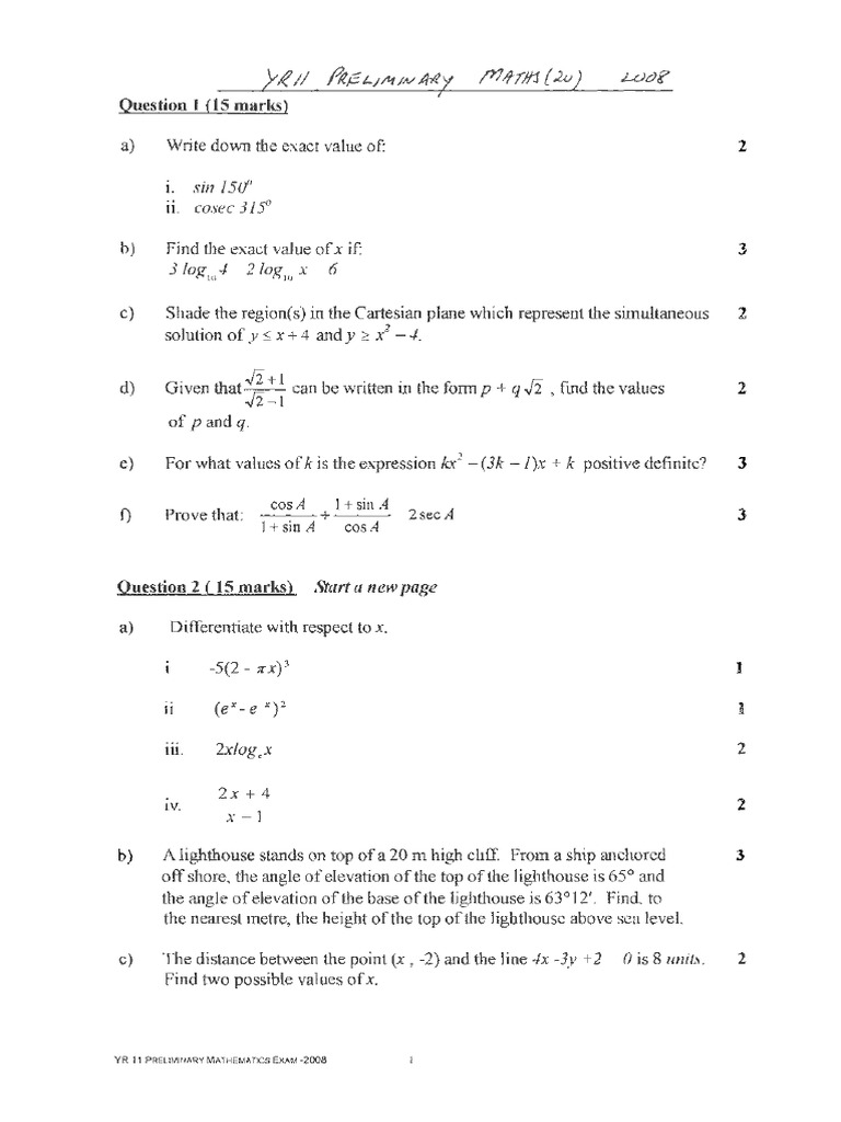 James Ruse 2008 2U Prelim Yearly & Solutions | PDF