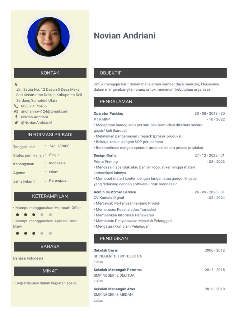 CV Novian Andriani: Pengalaman & Keterampilan | PDF