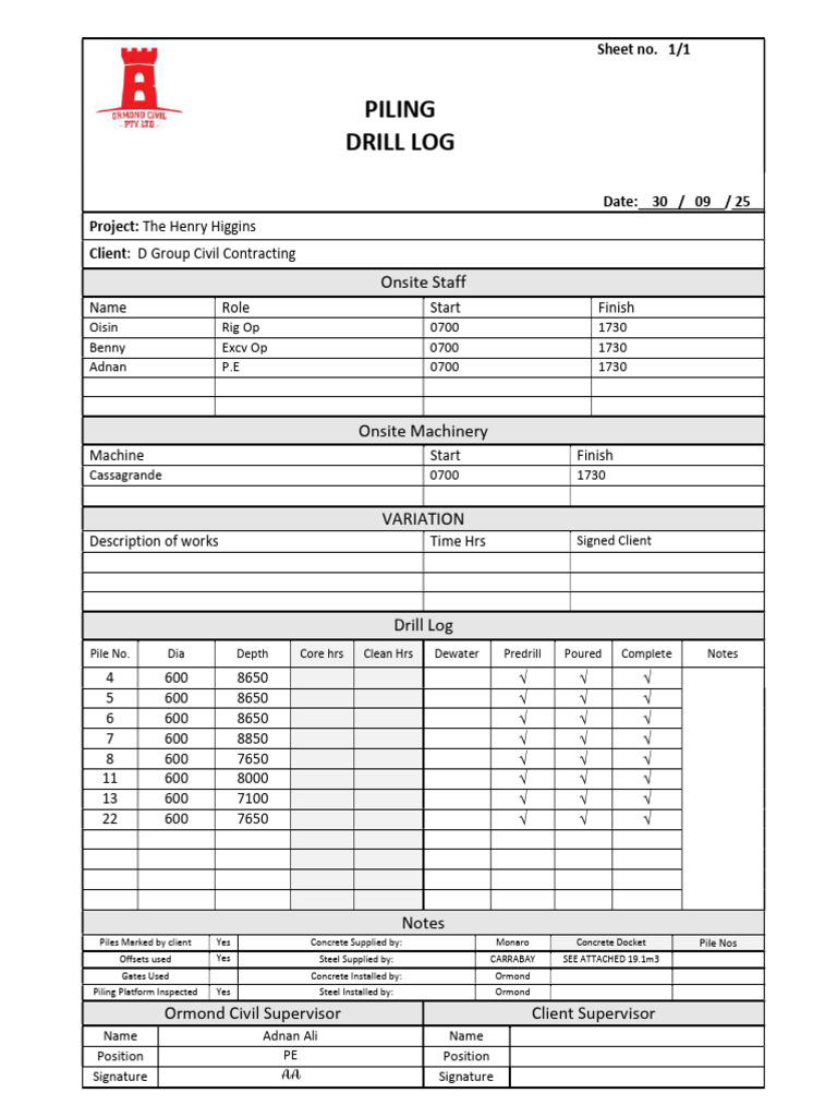 Pile Drill Log Higgins 30.9.25 | PDF | Structural Engineering ...