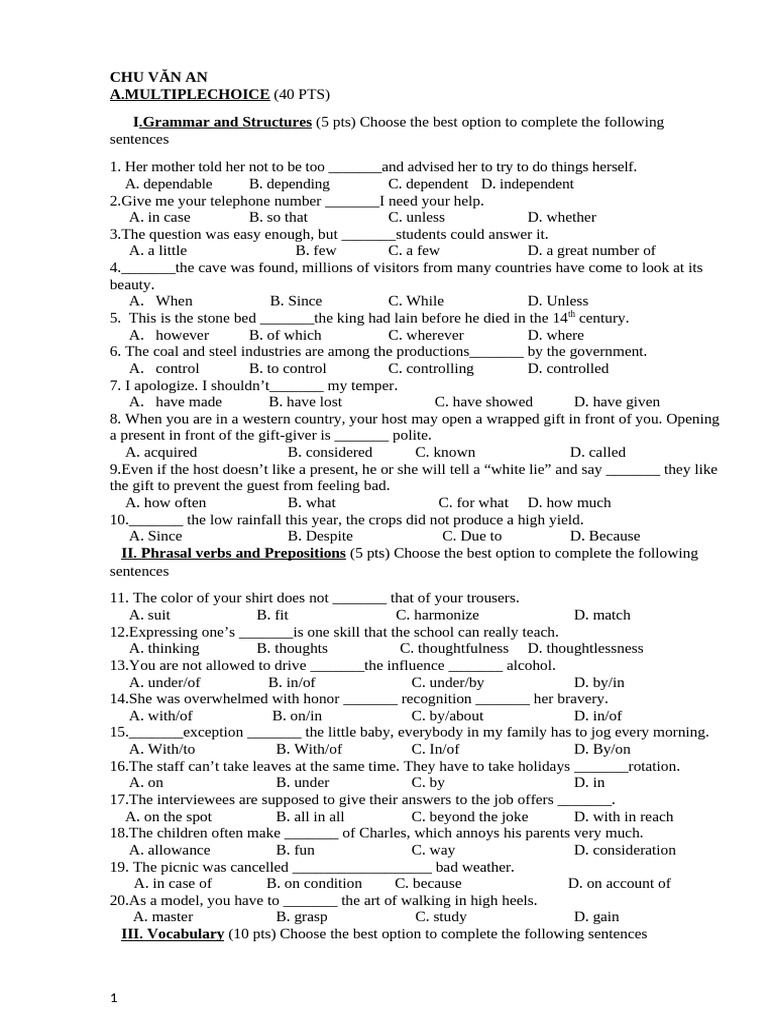 Grammar and Vocabulary Practice Test | PDF