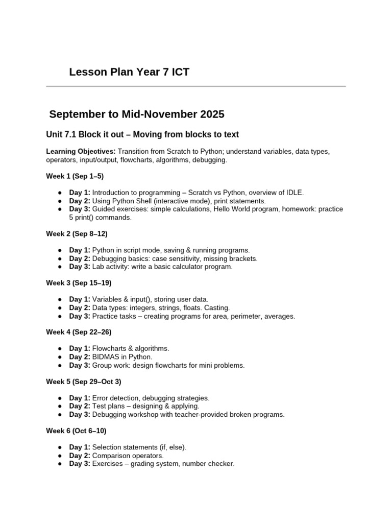 Weekly ICT Lesson Overview | PDF | Python (Programming Language ...