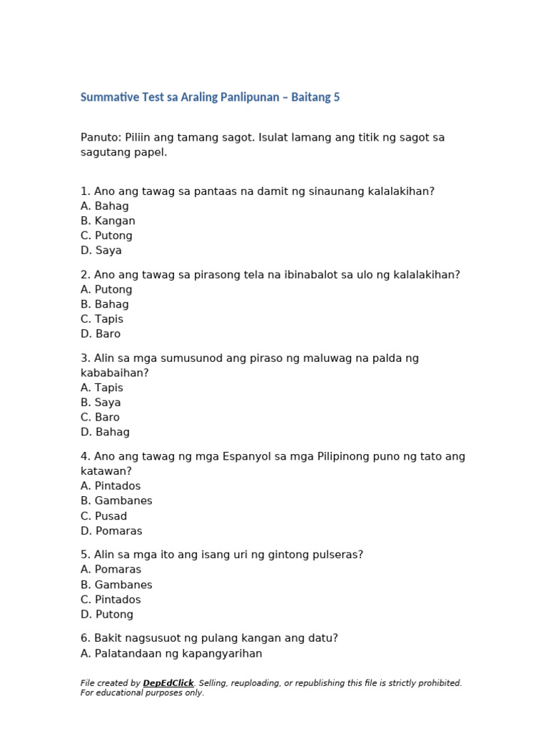 Summative Test AP5 W3-4 DepEdClick | PDF