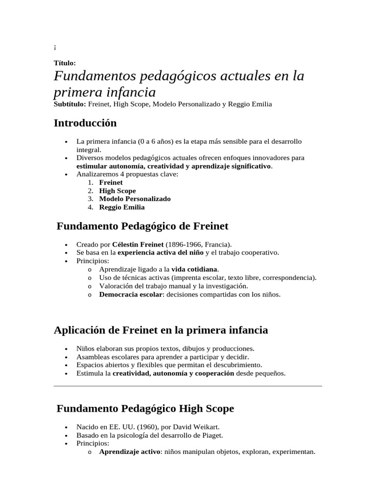 Modelos pedagógicos en la primera infancia | PDF | Aprendizaje | Pedagogía