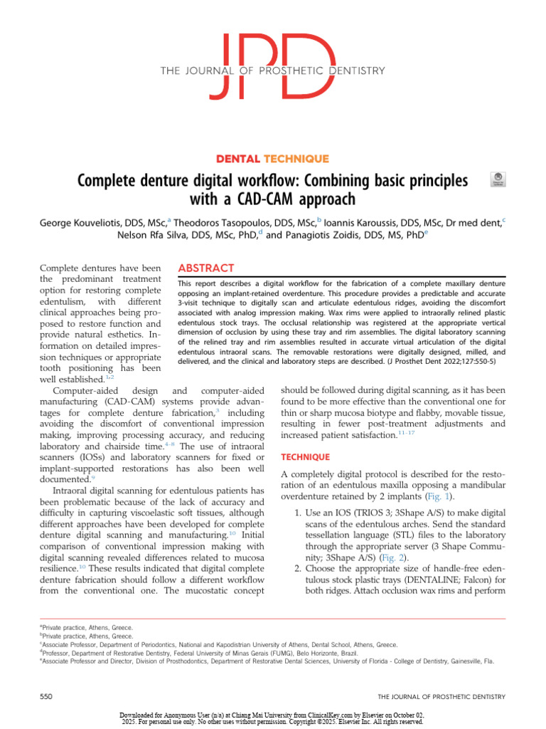 Digital Workflow for Complete Dentures | PDF | Dentures | Dental Implant