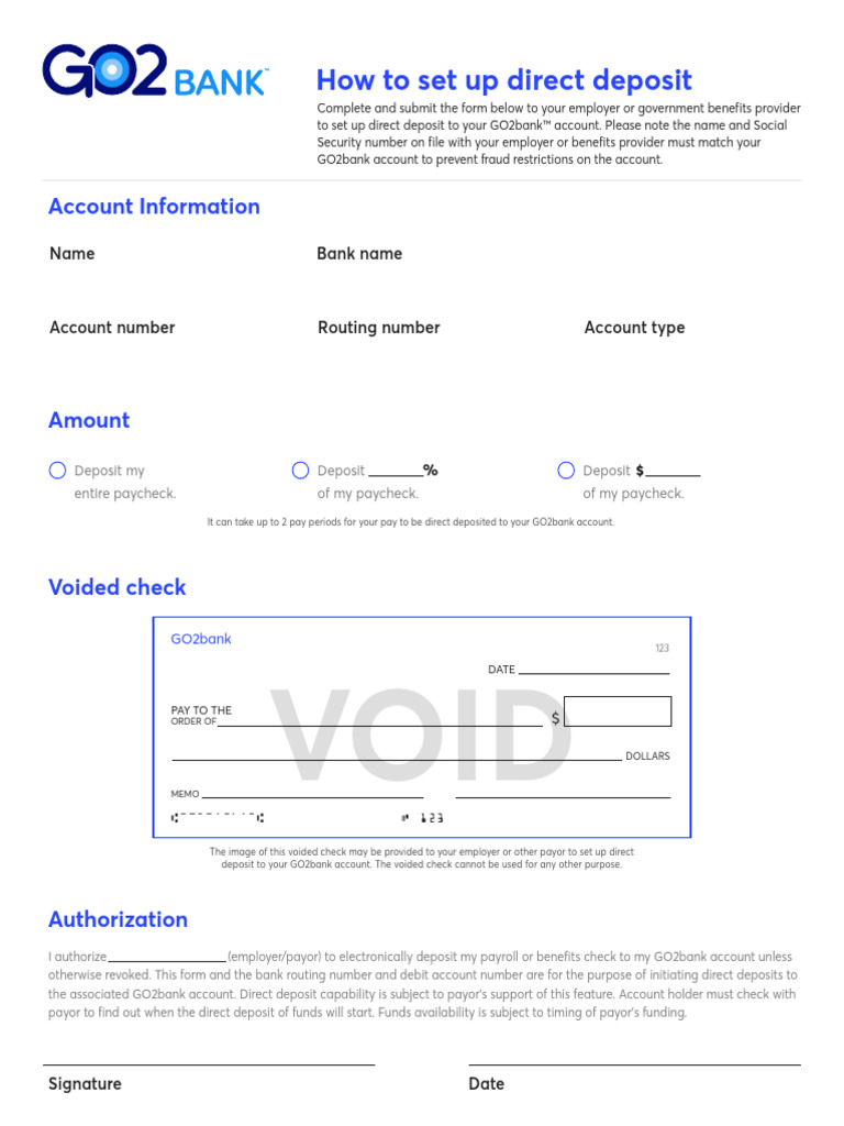Setting Up GO2bank Direct Deposit | PDF | Paycheck | Payments
