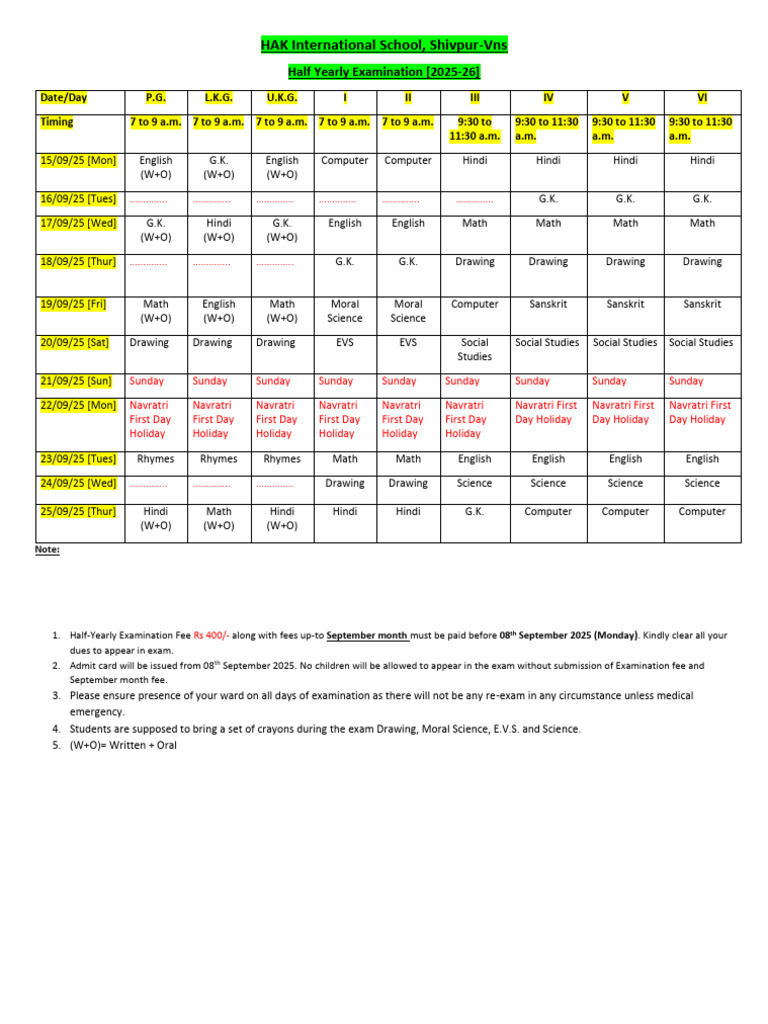 Half Yearly Exam Timetable 2025-26 | PDF