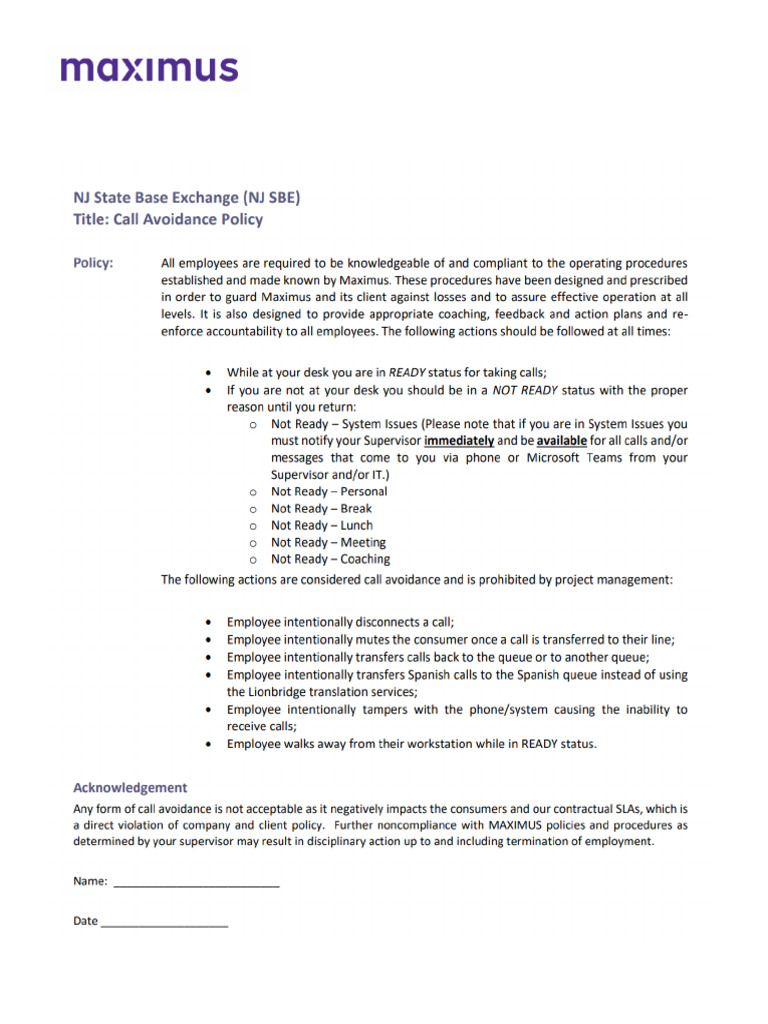 NJ SBE Call Avoidance Policy | PDF