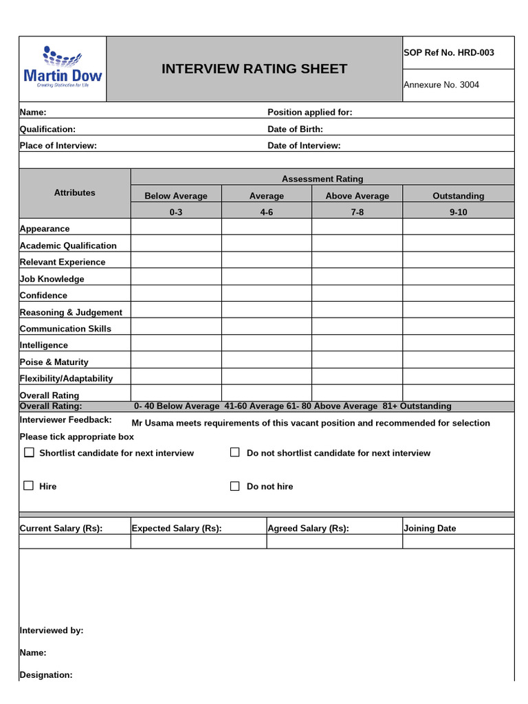Interview Rating Sheet Template | PDF