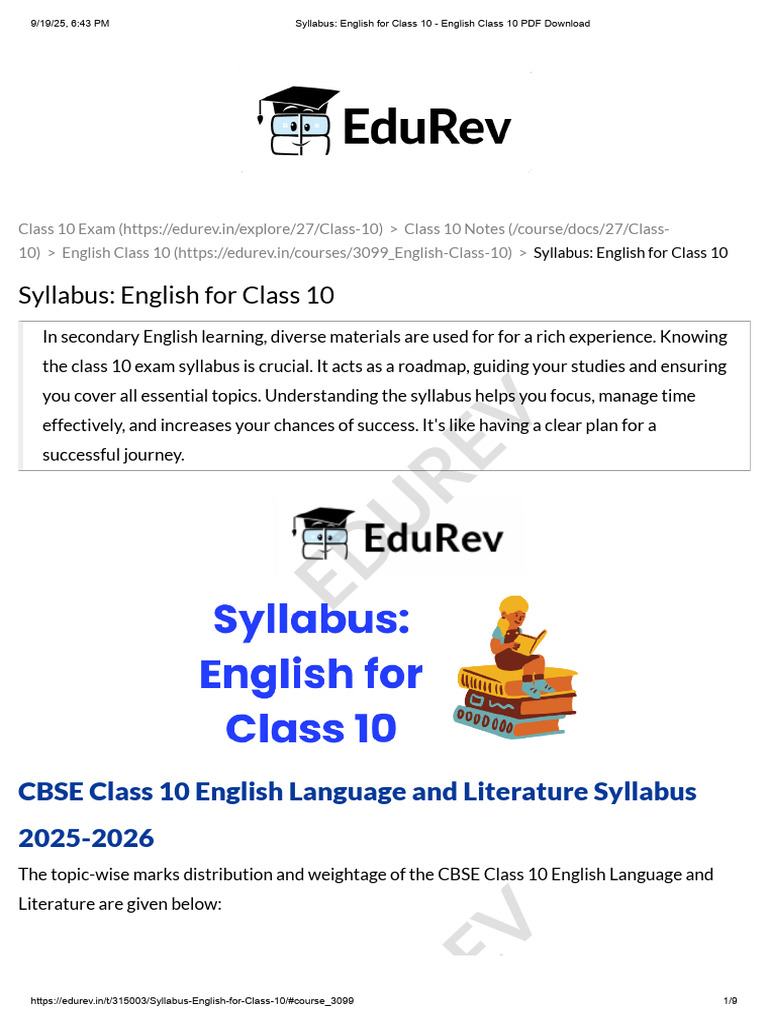 Syllabus - English For Class 10 - English Class 10 PDF Download | PDF ...