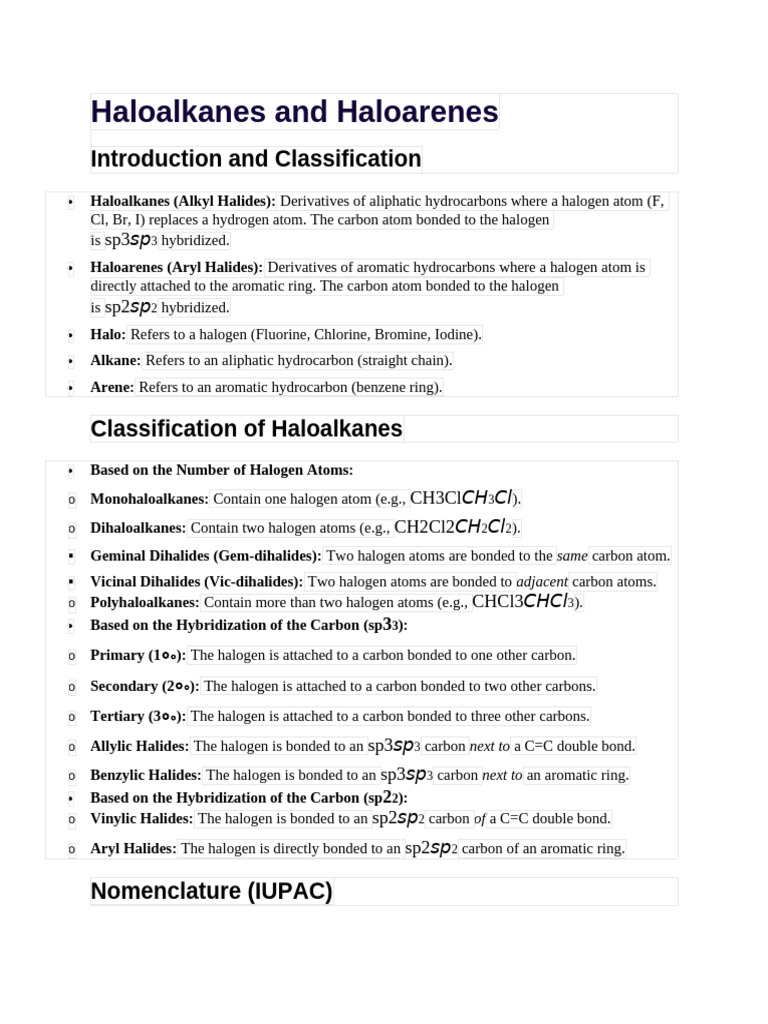 Haloalkanes and Haloarenes Overview | PDF | Chemical Reactions ...