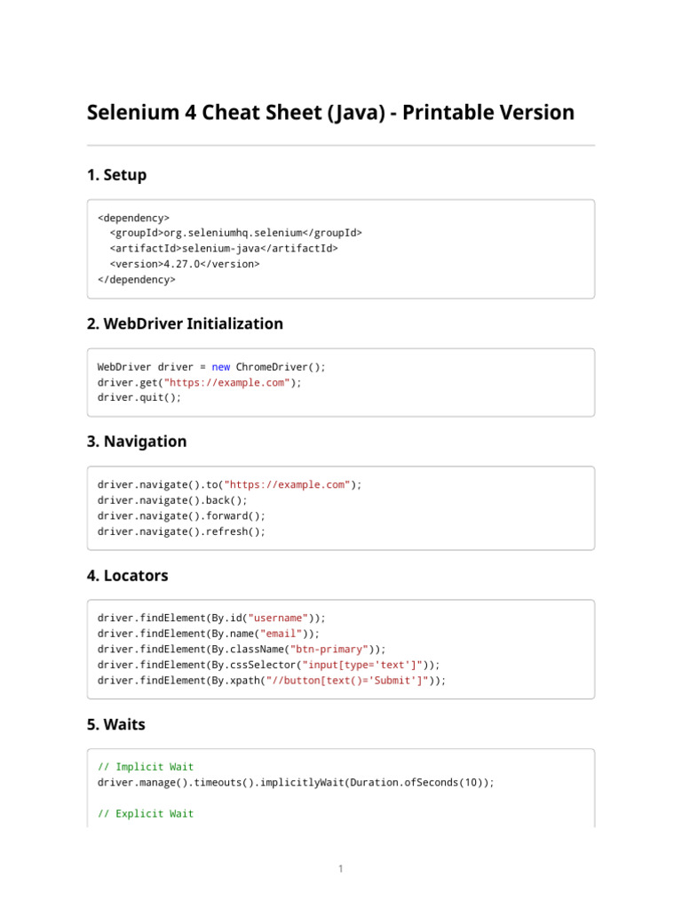 Selenium 4 Java Cheat Sheet PDF | PDF | Selenium (Software) | Chess