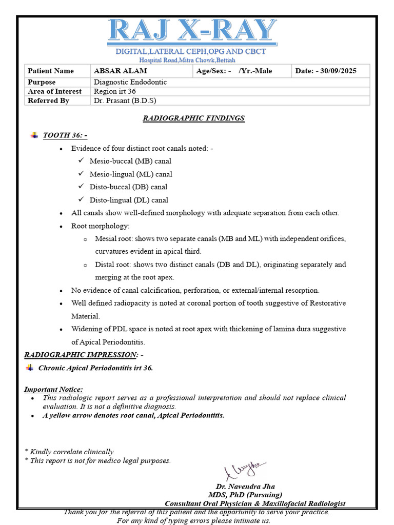 Radiographic Report: Tooth 36 Findings | PDF