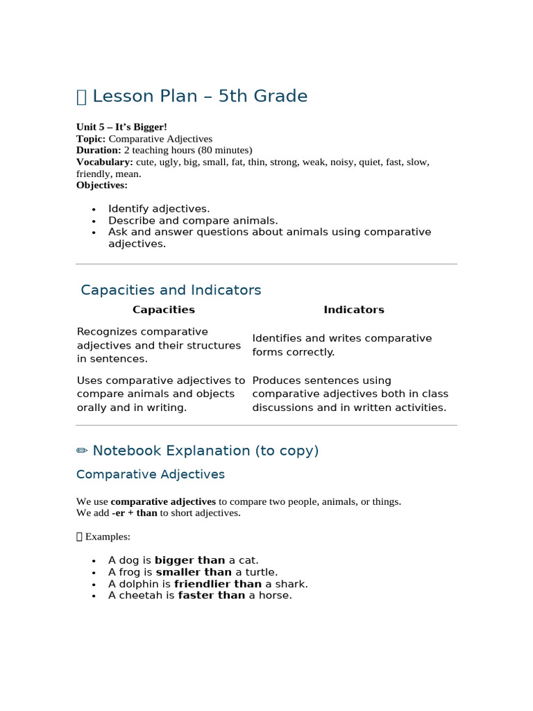 5th Grade Lesson Plan: Comparative Adjectives | PDF | Linguistics ...