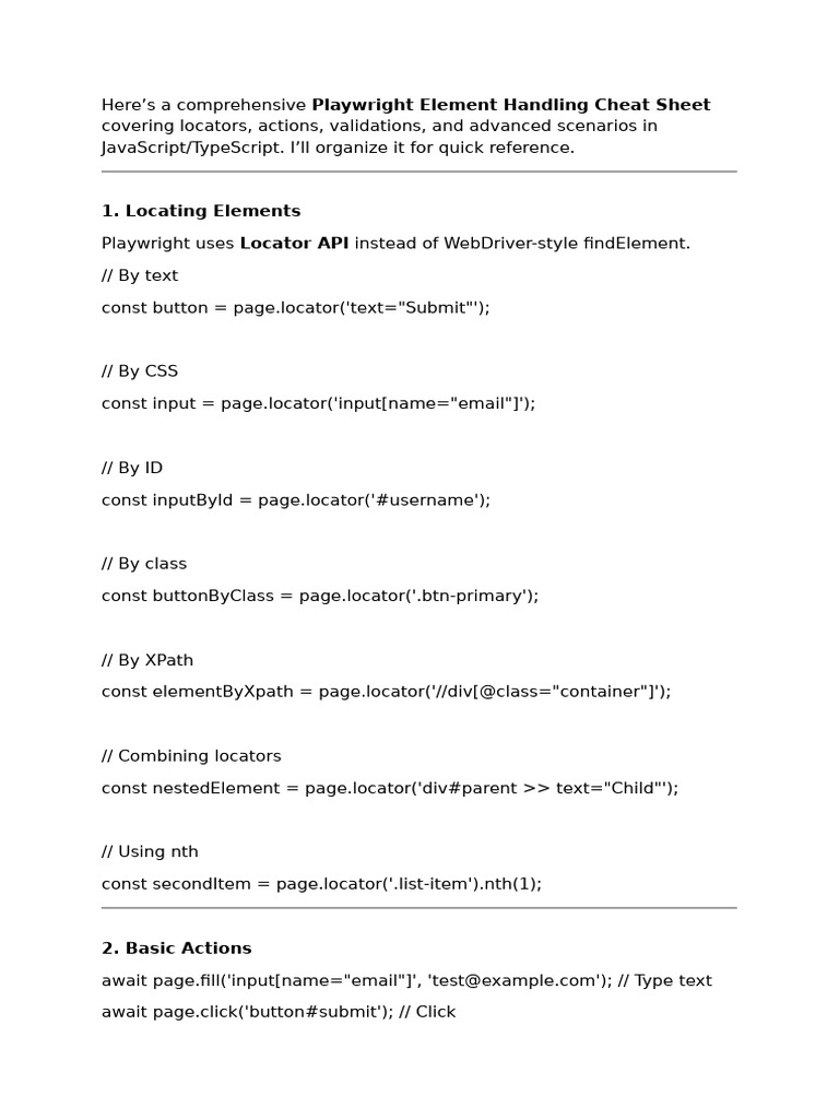 Playwright Element Handling Cheat Sheet | PDF | Html Element | Computer ...