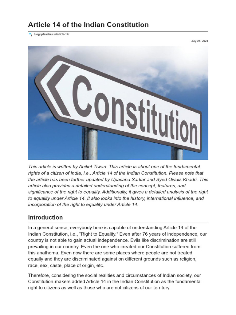 Understanding Article 14: Right to Equality | PDF | Equal Protection ...