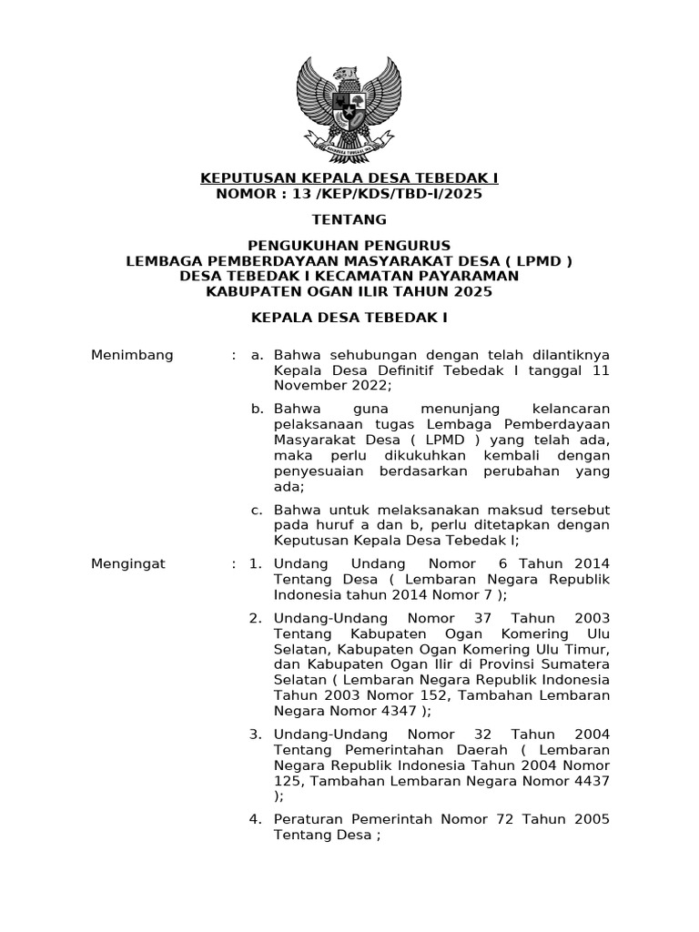 Pengukuhan Pengurus LPMD Desa Tebedak I | PDF