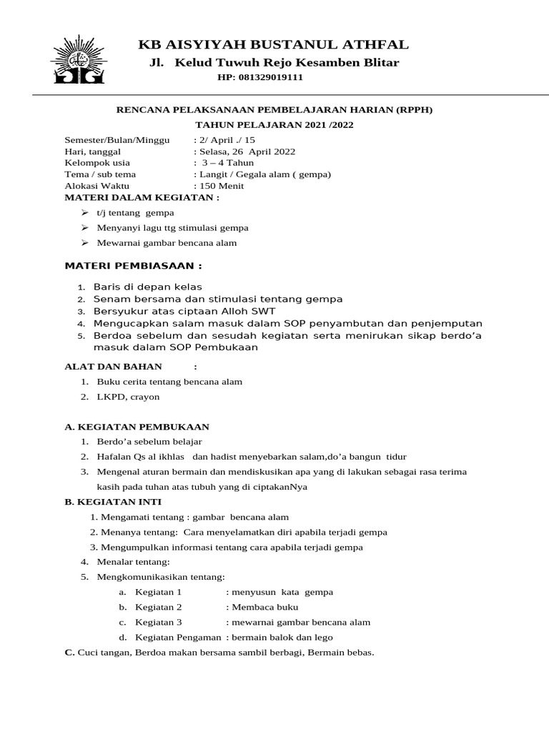 RPPH KB Aisyiyah: Tema Gempa Anak 3-4 Tahun | PDF