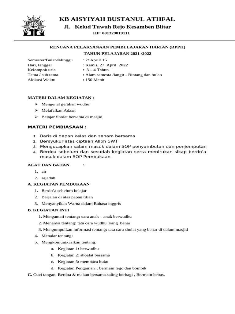 Contoh RPPH PAUD - Kamis | PDF