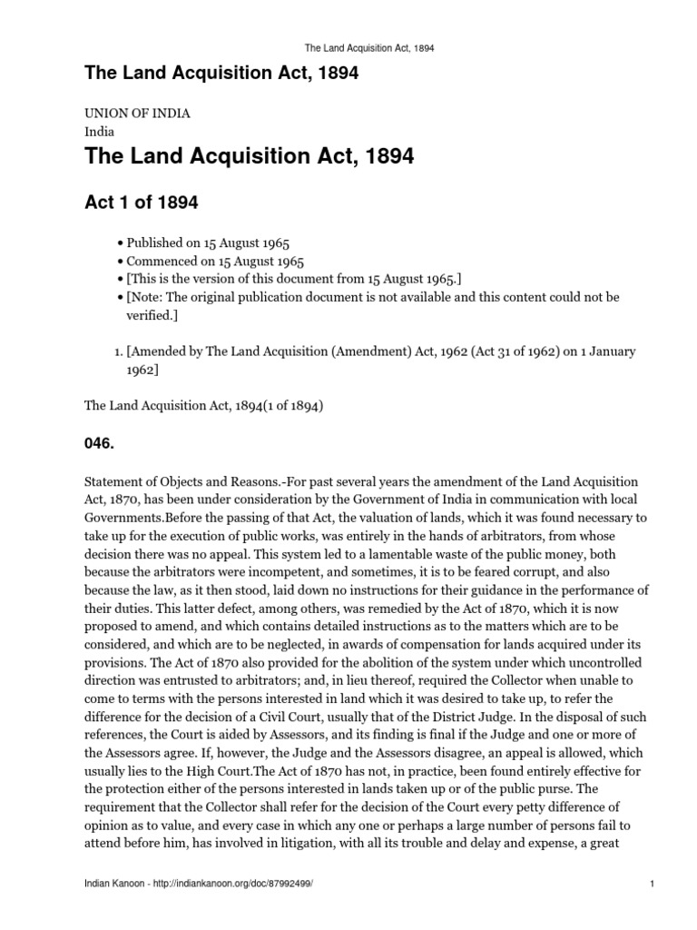 Overview of the Land Acquisition Act, 1894 | PDF | Lawsuit | Justice